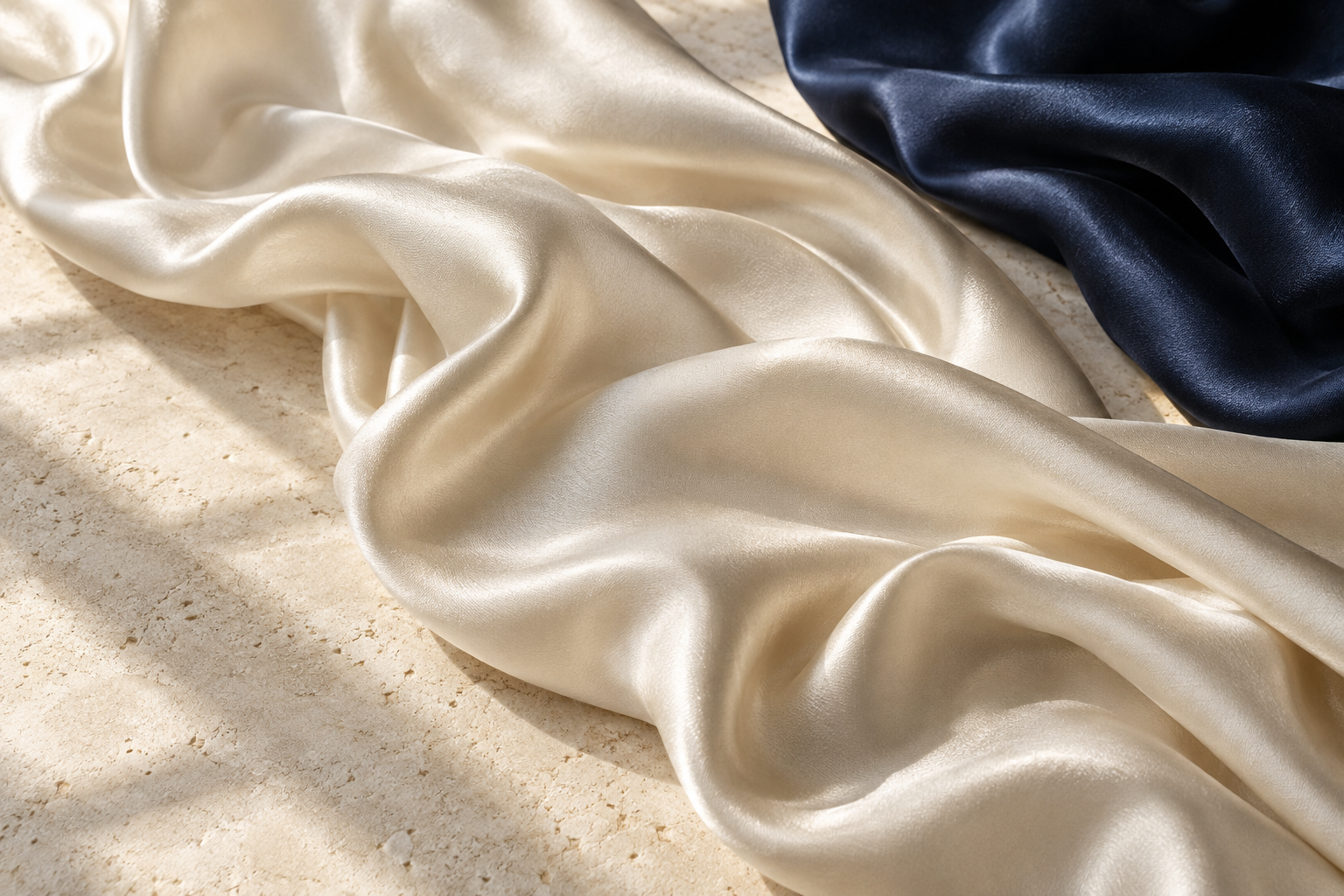 Champagne and navy silk in flowing folds